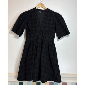 Nobody's Child Black Textured Cotton Mini Dress Puff Sleeve Button Front 6 US